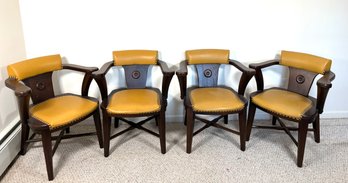 Fantastic Vintage Set Of 4 Yellow Vinyl And Wood Club Chairs