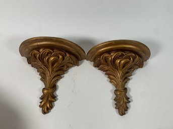 Vintage Pair Gold Wood And Plaster Wall Hanging Sconce Shelves