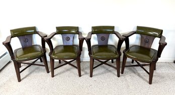 Set Of 4 Vintage Green Vinyl And Wood Club Chairs