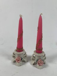 Beautiful Pair Of Short Ceramic Rose Candle Stick Holders With Pink And Gold Candlesticks
