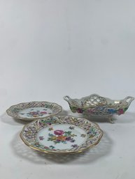 Set Of Reticulated Plates And Butter Dish Or Trinket Tray