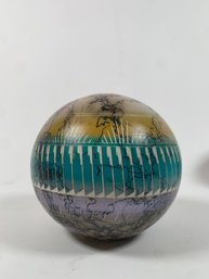 Stunning Artist Signed Globe Style Vase Multicolored Bands With Etchings And Black Spiderweb Design