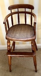 Antique Oak High Chair With Woven Caine Seat, Very Good Condition.