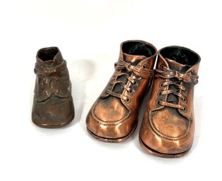 Set Of 3 Vintage Bronze Dipped Leather Baby Shoes