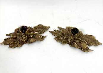 Pair Of Bronze Holly Shaped Candle Stick Holders