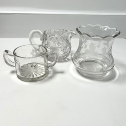 Trio Of Clear Glass: Vase, Creamer, And Double Handled Bowl