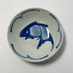 Chinese Blue And White Coy Fish Shallow Bowl