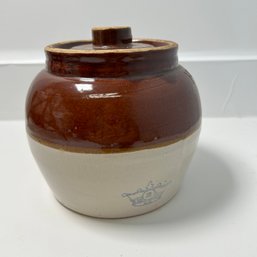 Brown And White 2 Gallon Crock With Lid And Handle Blue Crown Logo