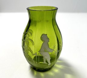 Hand Painted Green Glass Vase