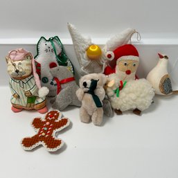 Collection Of Fabric & Stuffed Ornaments, Including Cats & Santa!