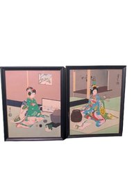 Vintage Pair Of Japanese Woodblock Sadanobu III Hasegawa 'Tea Ceremony'
