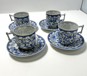 Set Of Four Delicate Chinese Blue & White Teacups & Saucers