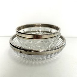 Pair Of Cut Glass Bowls With Silver Tone Metal Rim