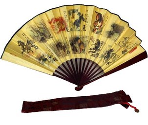 Chinese Folding Fan With Carrying Case, Showing Chinese New Year Animals
