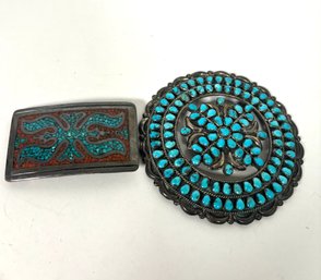 Vintage Large Turquoise Broach And Belt Buckle