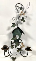 Unique Wall Hanging Metal Bird House Sculpture With 2 Candle Holders