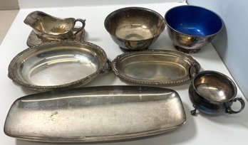 Lot Of Vintage Silver Plate Items Including A Blue Enameled Cup.