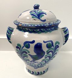 Painted Lidded Ceramic Pottery Urn With Flower