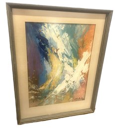 Vintage Abstract Skiing Painting, Very Neat Piece Framed And Matted