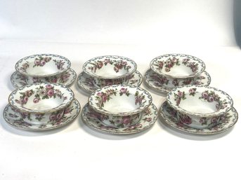 Set Of 6 Bowls & Saucers From France, GDA Limoges, Beautiful Floral Pattern