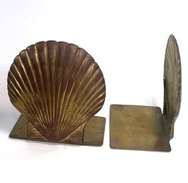 Vintage Pair Of Brass Scallop Seashell Book Ends