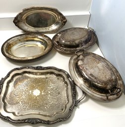 Large Silver Plate Lot Including Serving Pieces And Platters