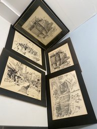 Set Of 5 Ink Drawing Prints By R. Kennedy Of New England: Boston Symphony Orchestra, Covered Bridges, & More!