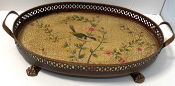 Footed Metal Oval Tray With Handles And Floral Design.