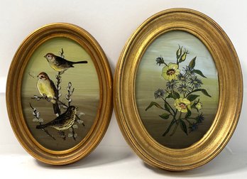 Pair Of Oval Paintings Painted On Glass,birds And Flowers