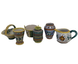 A Beautiful Collection Of Hand Painted Italian Pottery Vessels, Miniature Sizes