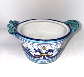Hand Painted Ceramic Italian Pottery Bowl With Twisted Handles