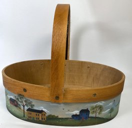 Vintage Bentwood Basket With Town Scene Painted