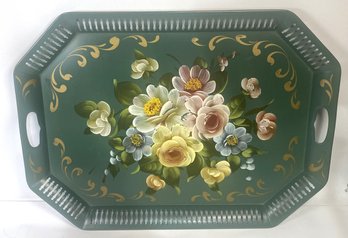 Large Metal Green Toleware Serving Tray With Floral Design
