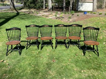Set Of 6 Classic Hitchcock Harvest Black & Wooden Dining Chairs