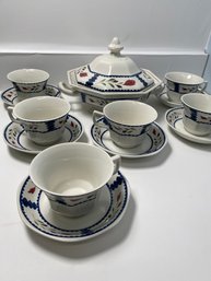 English Lancaster Ironstone Set, Including 6 Cups & Saucers, Lidded Tureen