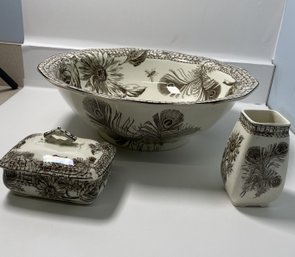 Gorgeous Antique Sunflower Ironstone, Rd 17579 P. B. & S Including Basin, Vase, And Lidded Butter Dish