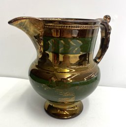 Antique Gold And Green Lusterware Ceramic Pitcher