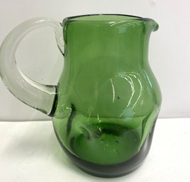 Beautiful Hand Blown Artist Made Green Pitcher With Clear Glass Handle, Great Unique Divot Design