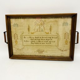 Vintage Needlepoint Sampler Turned Into A Tray Under Glass