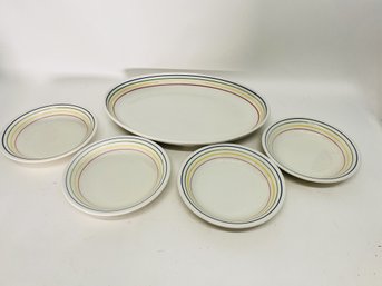 Italian Rainbow Striped Large Oval Serving Platter With Four Pasta Bowls