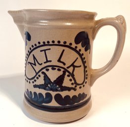 Vintage Blue Stoneware Crock Pitcher With Milk Design