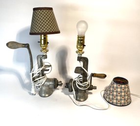 Pair Of Unusual Antique Universal Meat Grinder Lamps With Matching Shades