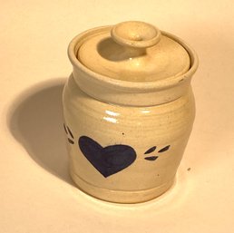 Lidded Glazed Stoneware Crock With Heart Design