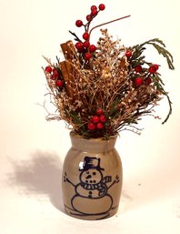 Snowman Themed Pottery Vase With Lovely Winter Bouquet Arrangement