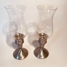 Pair Of Pewter Hurricane Candle Stick Holders