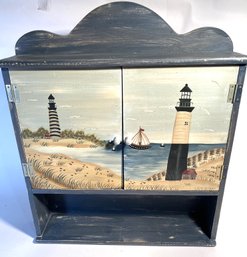 Rustic Country Hanging Cabinet With Lighthouse Scene