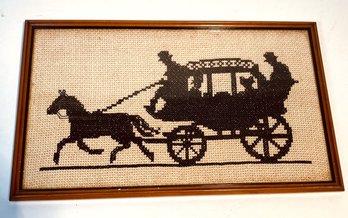 Vintage Needlepoint Silhoutee Style Horse And Carriage