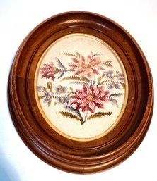 Antique Needlepoint Oval Deep Well Style Framed Floral Artwork