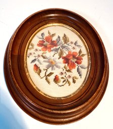 Antique Needlepoint Oval Deep Well Style Framed Floral Artwork