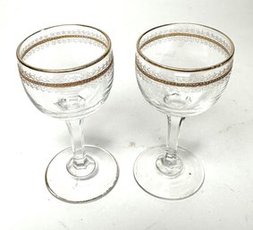 Pair Of Elegant Vintage Gold Band Small Crystal Cocktail Glasses